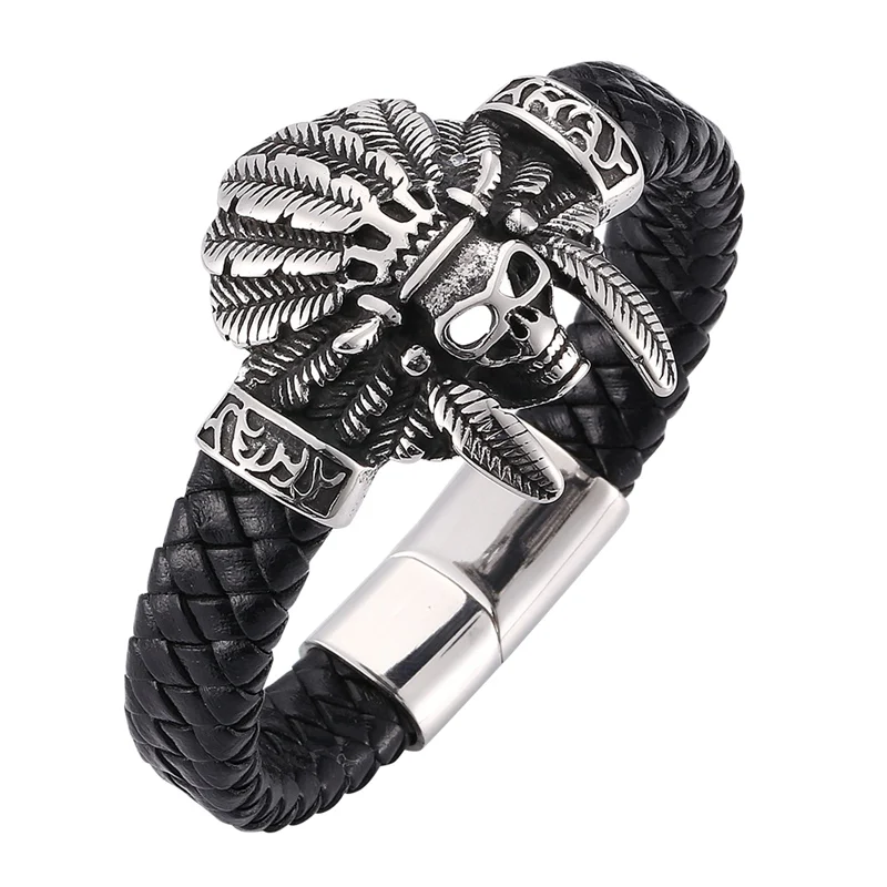 

Skull Men Leather Braided Bracelet Punk Cool Feather Tribe Cowboy King Stainless Steel Magnetic Clasps Chain Bracelet PD0275