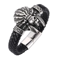 skull men leather braided bracelet punk cool feather tribe cowboy king stainless steel magnetic clasps chain bracelet pd0275
