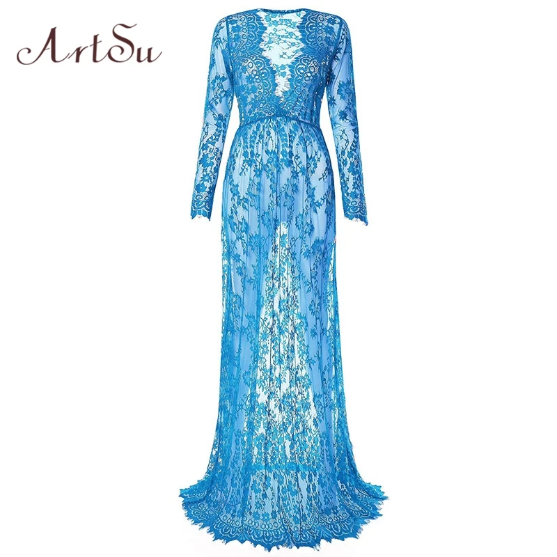 Light blue ArtSu женское черное кружевное платье в пол, Белое Прозрачное платье с регулируемой талией, сексуальное Новое Открытое платье, макси размера плюс DR5046 - Цвет: Light blue