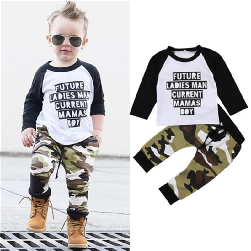 2Pcs Modis Autumn Baby Boys Kids Outfits Toddler Letter Print Long Sleeve Cotton Tee Tops Camouflage Pants Clothes Baby's Set |