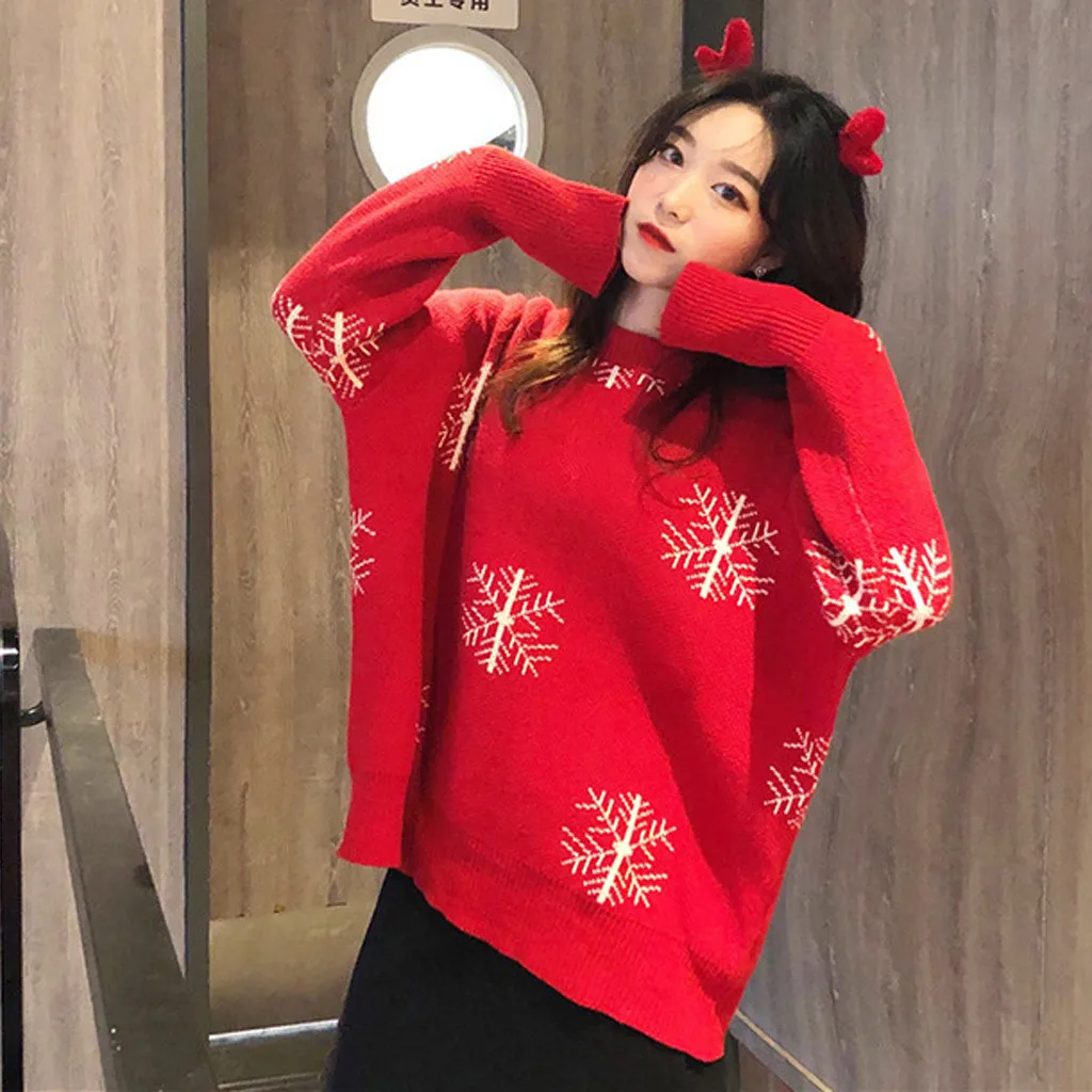 Christmas Women Sweater Santa Claus Reindeer Printed O-neck Long Sleeve Women Pullovers Winter Jumpers Knitwear Sweater