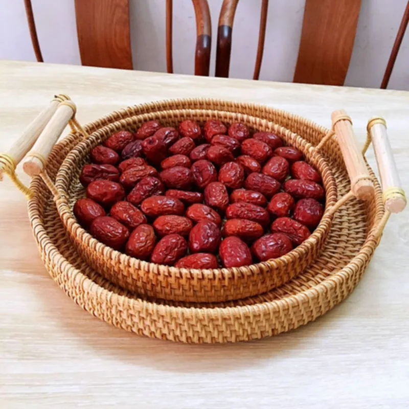 

3PCS Rattan Storage Tray, Round Basket With Handle, Hand-Woven, Rattan Tray Wicker Basket Bread Fruit Food Display