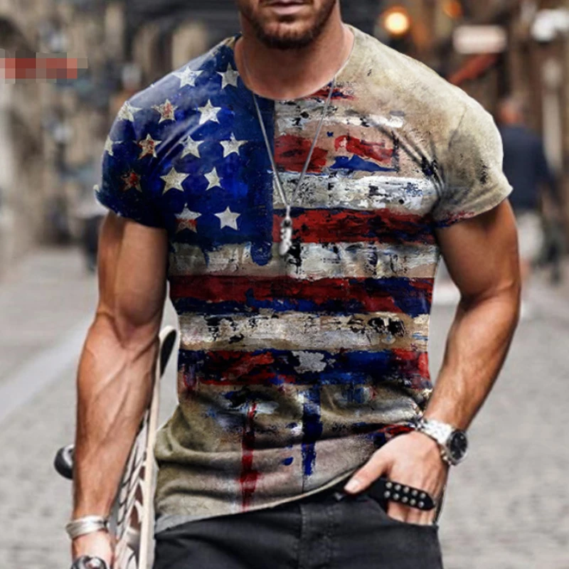 

2021 Summer American Flag 3D Print Men Casual Fashion T-shirt Round Neck Loose Oversize Muscle Streetwear Clothing Man's Tshirt