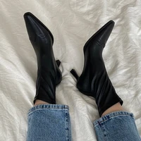 trendy paris shoes for women black kitten heels ankle short boots pointed toe stretch socks boots woman party pumps botte femme