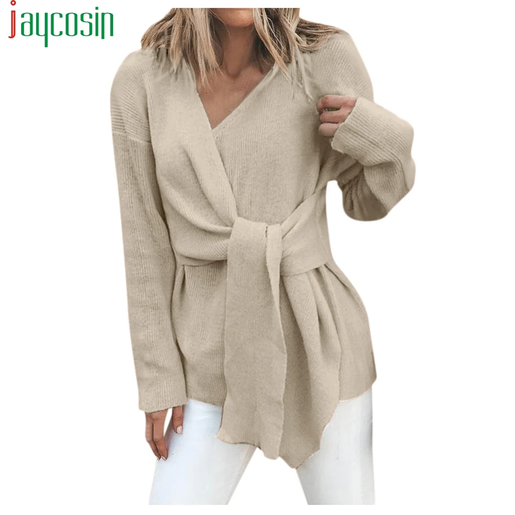 Женский свитер оверсайз с v-образным вырезом Повседневный пуловер узелком и