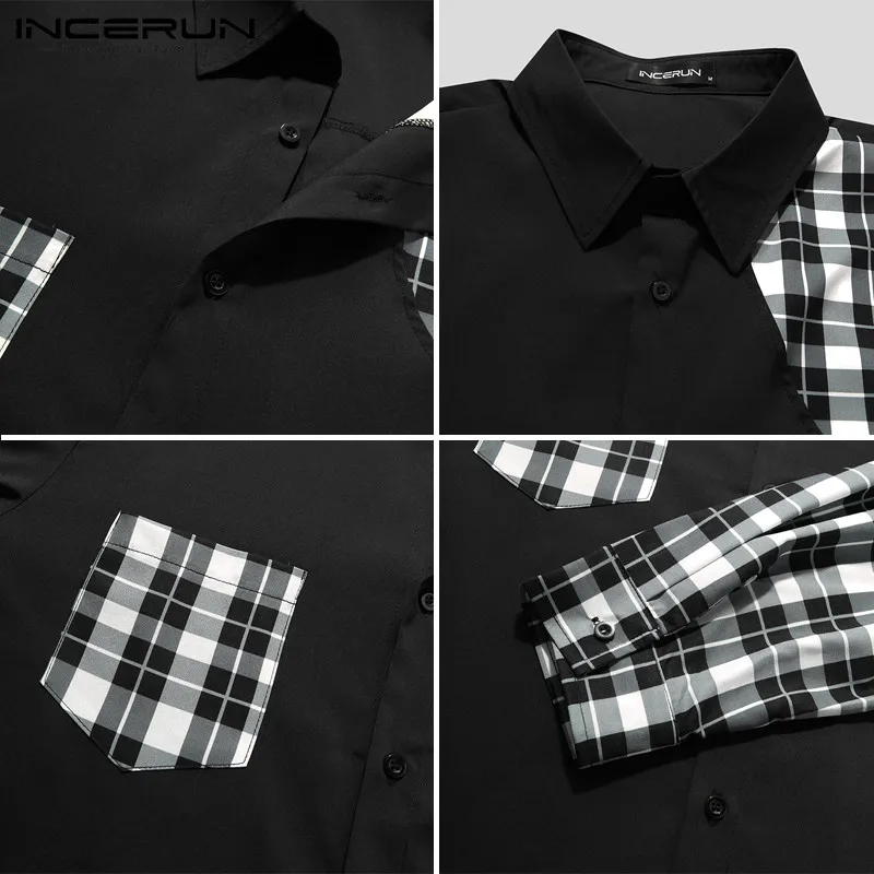 

Long Sleeve Turn Down Collar Blouse INCERUN Fashion Plaid Patchwork Men Shirts Spring Male Buttons Shirts Streetwear Plus Size