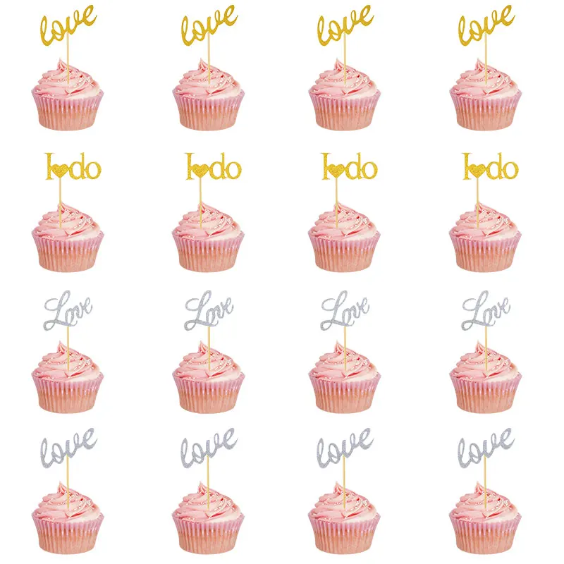 

20pcs/lot Golden Wedding Party Cake Decoration LOVE Dessert Cake Topper Anniversary Birthday Cupcake Decor Supplies