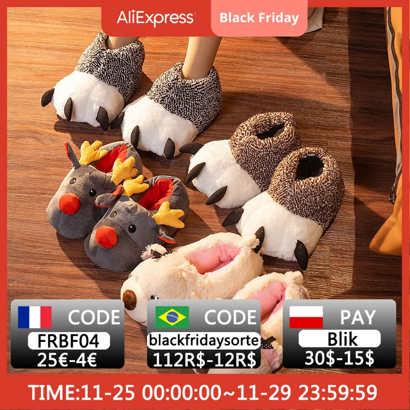 

Winter Cute Bear Claw Home Couple Warm Cotton Shoes Cartoon Animal Deer Anti-skid Plush Thick Indoor Cotton Drag Unisex Slip-On
