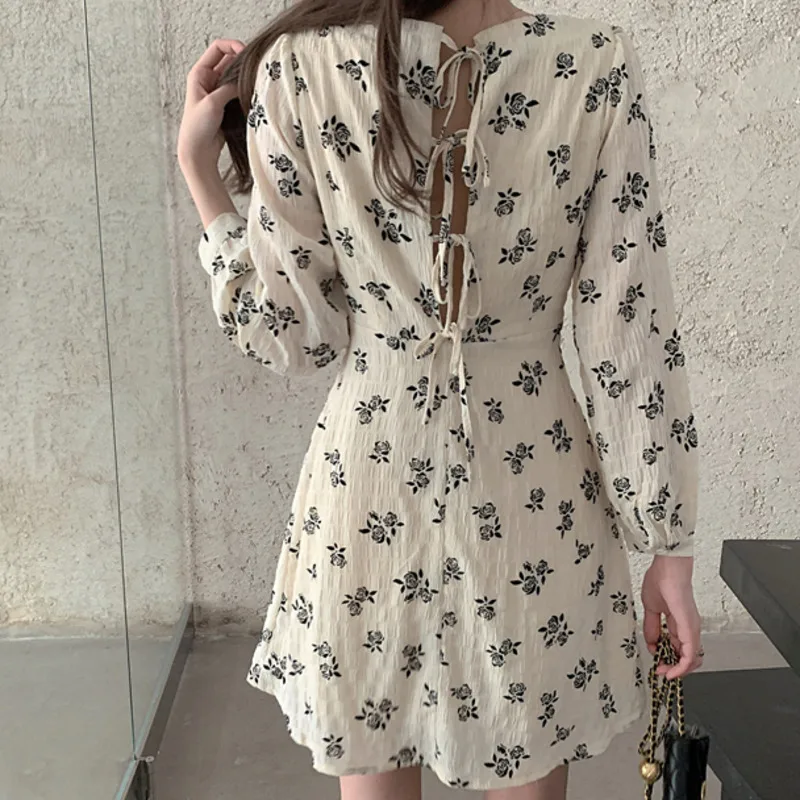 

Mini Dress Sexy Lady French V-neck Printed Up Robe Femme Roupas Long Sleeve Slim Waist Vestidos Fashion Women Dresses 2021spring
