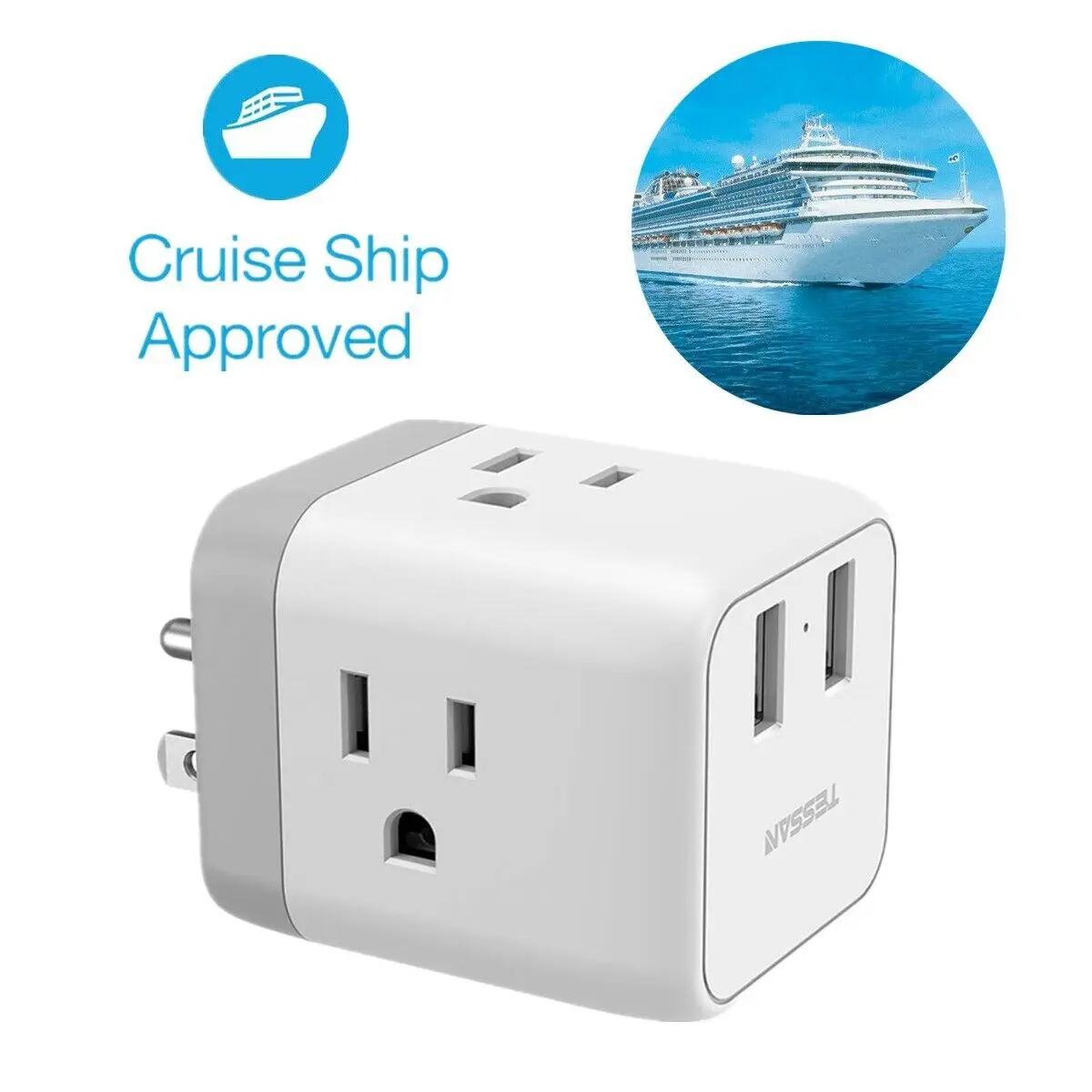 

TESSAN Cruise Adapter Plug Portable Travel Power Strip Socket with 3 AC Outlets 2 USB Charging Ports 5 In 1 Wall Charger Adapter