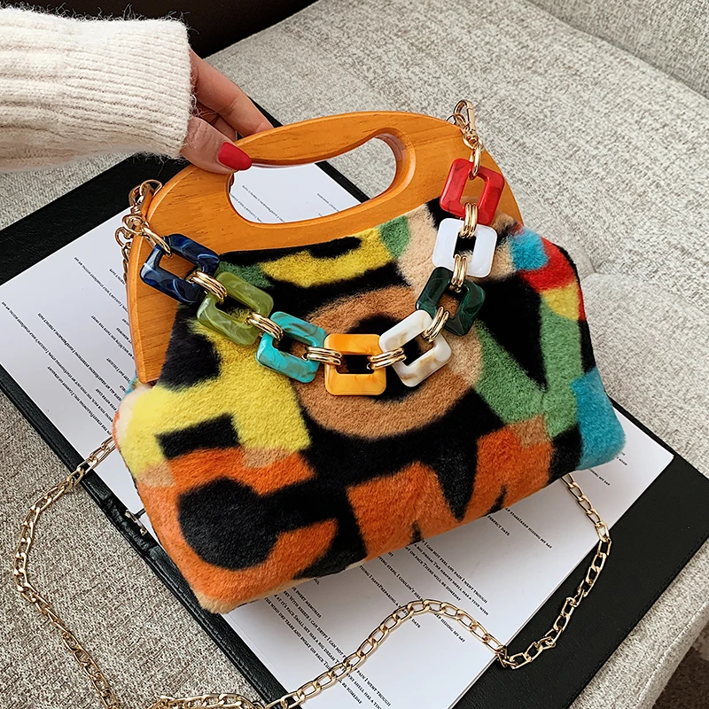 

VeryMe Fashion Fuzzy Multi Color Flap Bag Soft Faux Fur Crossbody Pack Acrylic Bead Plush Handbag Female Bolsos Marca Mujer Lujo