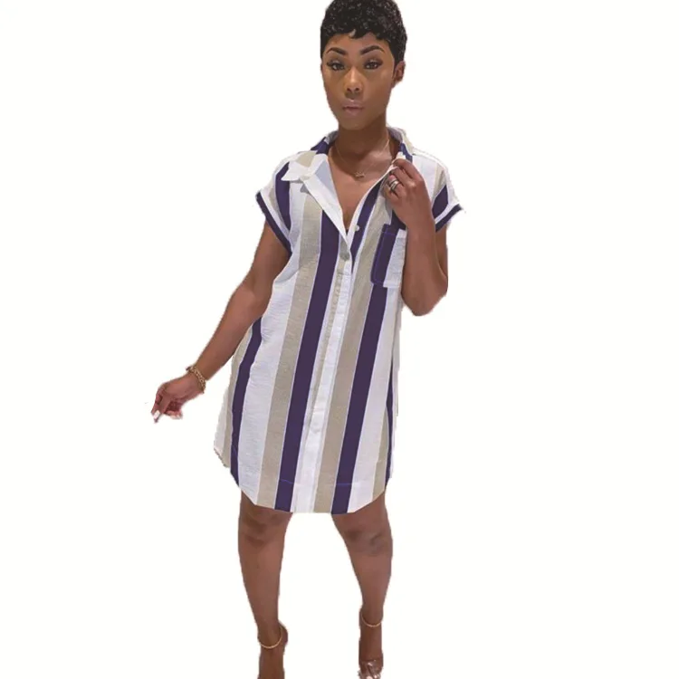 

FNOCE Cross-border Foreign Trade Women's fashion Printed Striped Shirt Skirt Lapel Buttoned Short-sleeved Summer Dress