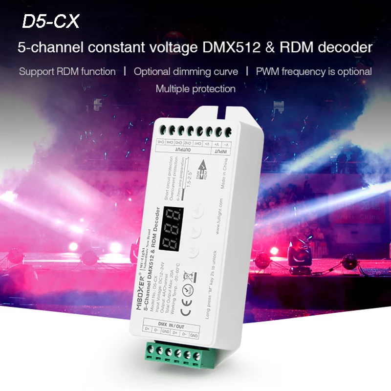 

Miboxer D5-CX 5-Channel Constant Voltage DMX512 & RDM Decoder DC12~24V 5CH 4A/Channel Max. 20A Digital Display controller