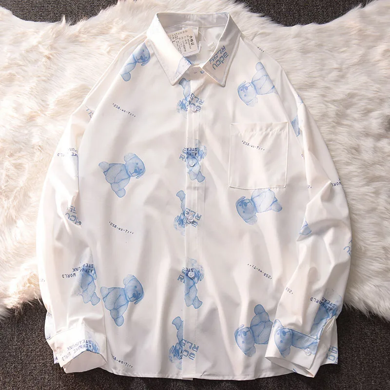 

Женские и мужские блузки EBAIHUI, белая рубашка в стиле Харадзюку с принтом медведя, свободные топы большого размера с длинным рукавом для пар, ...