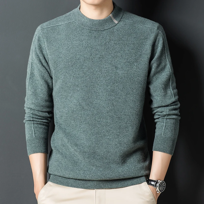 

Autumn and winter men's new half high neck knitted business bottomed 100% wool thickened cashmere sweater