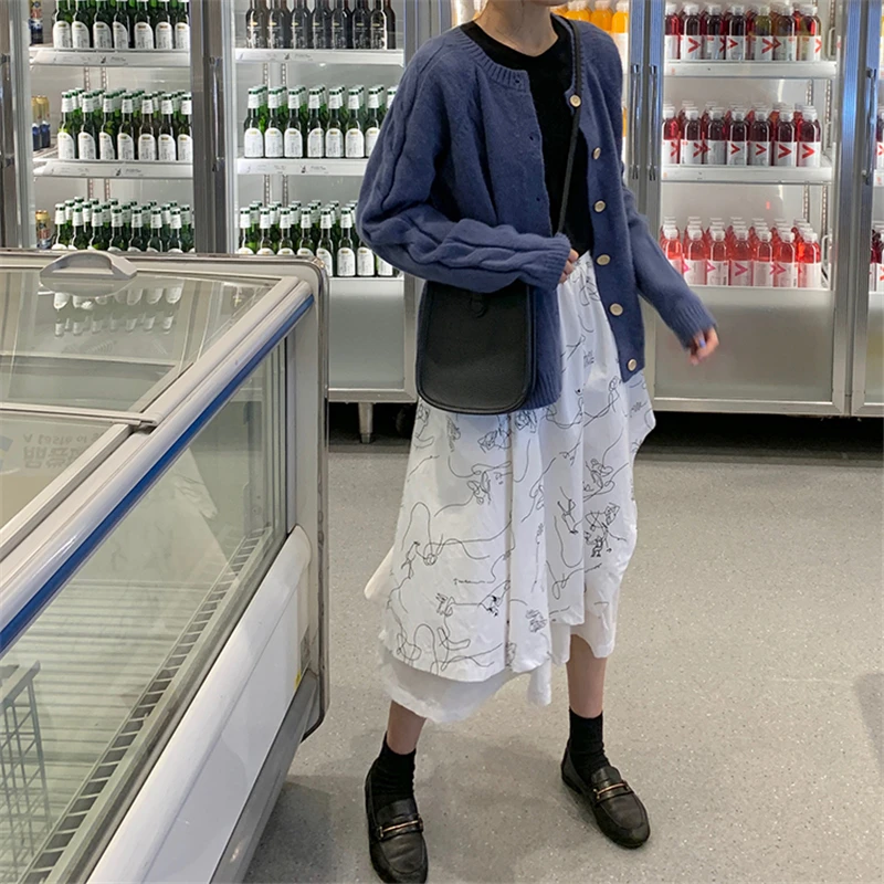 

2020 Autumn Abstrast Print Patchwork Skirt Women Fashion Korean Japanese Style High Elastic Waist Fake Two Piece Skirt Saia