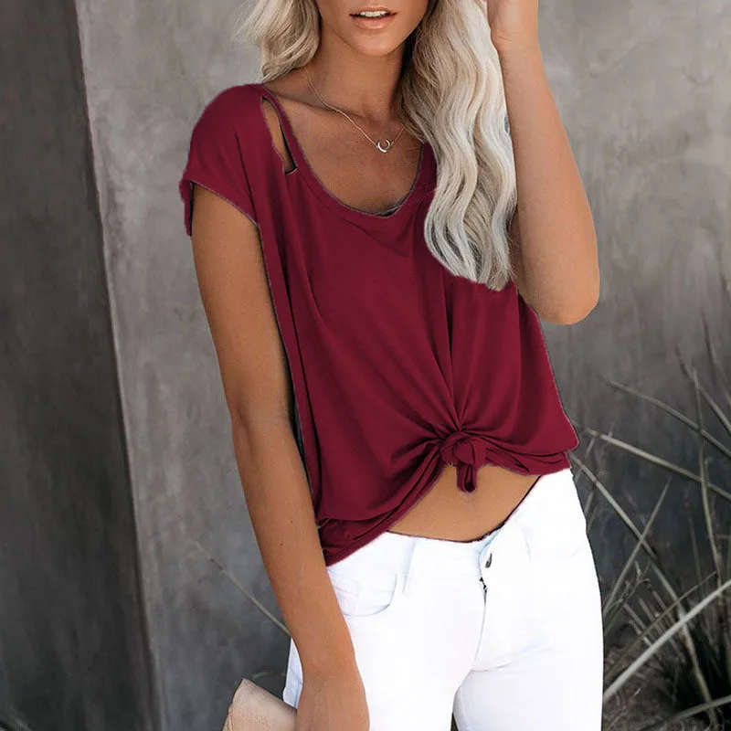 

Women Summer O-Neck Solid Color Short Sleeve Top Front Short Back Hole Hollow Out T-shirts Pure Basic Ladies Pullover Shirt New