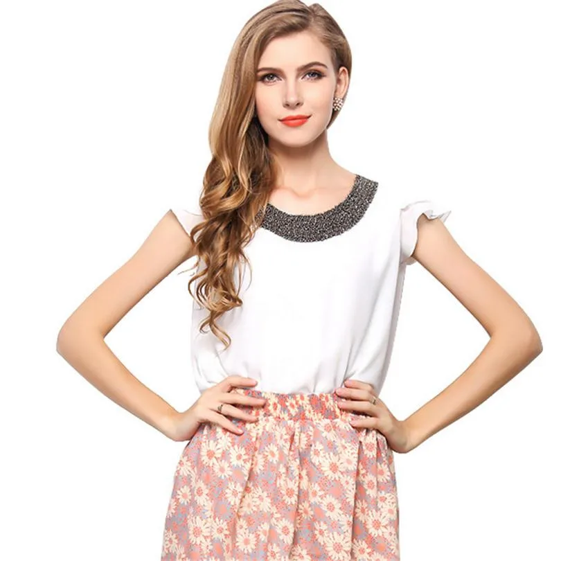 

Женская шифоновая блузка с рюшами VISNXGI, летняя блузка с коротким рукавом, круглым вырезом и бисером, белого и розового цветов
