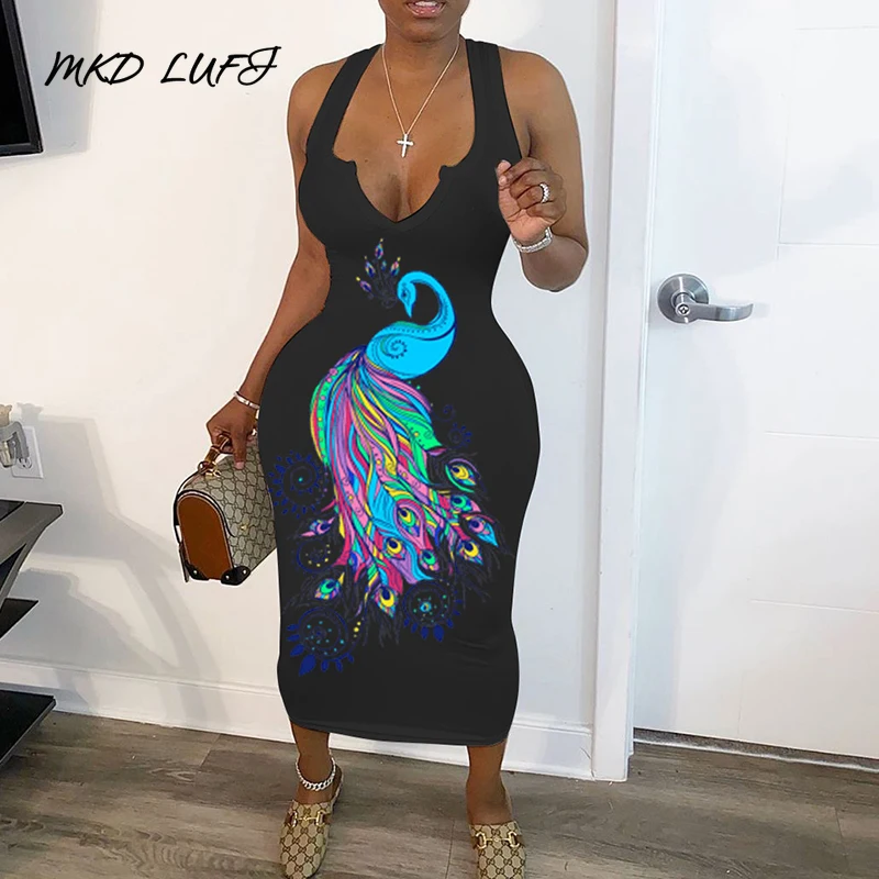 Женские облегающие платья без рукавов с принтом павлина пикантные обтягивающие