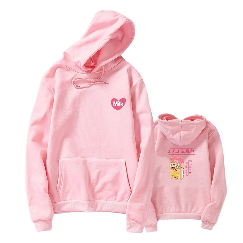 Harajuku флисовые толстовки для женщин клубничное Молоко печати Kawaii повседневные свободные толстовки пуловер с капюшоном Корейская одежда
