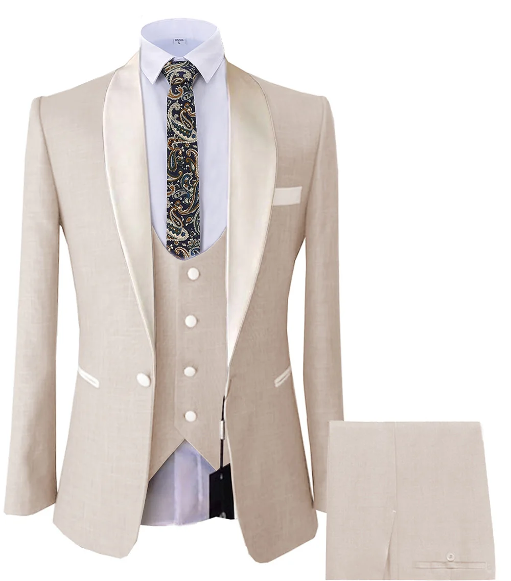 3 Pieces Men's Suit Casual Blazer Prom Beige Tuxedos Tweed Shawl Lapel Dinner Party Burgundy Jacket For Wedding Grooms