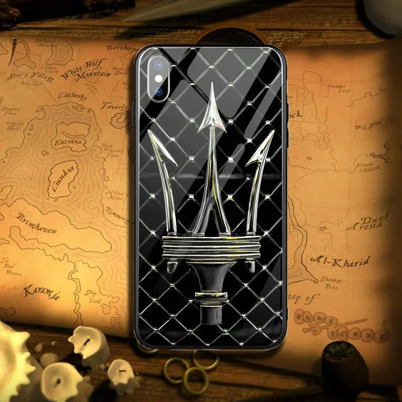 Популярные Чехлы Maserati с логотипом автомобиля из закаленного стекла для iPhone 5 5S SE 6 6s Plus 7 8 Plus X XR XS Max Capa Coque Funda