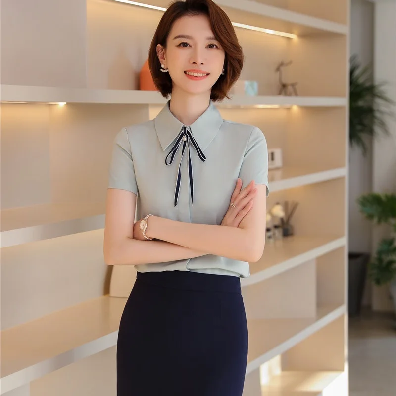 2021 Women Two Pieces Casual Interview Suit with Slim Skirt and Blouse with Tie Novelty Green Female Office Ladies Shirt Suits