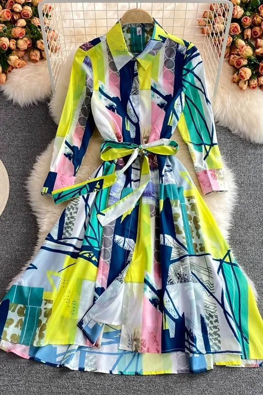 

2021 spring and autumn new high end elegant Lapel long sleeve print loose lace up slim dress for women