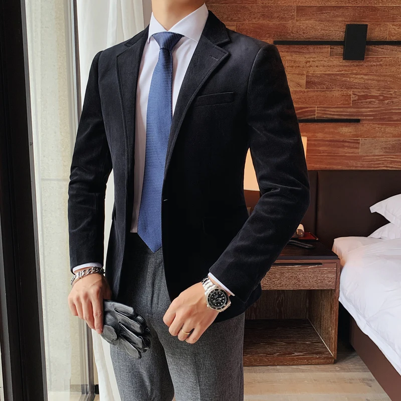 

2021 Black Gray Corduroy Blazer Men Slim Fit High Quality Mens Casual Blazer Jacket Autumn Winter One Button Men's Blazers Q1243