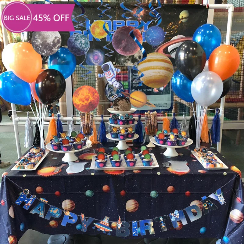 

New Blue Universe Theme Solar System Galaxy Birthday Party Supplies Tableware Kit for Outer Space Rocket Astronaut Event Party