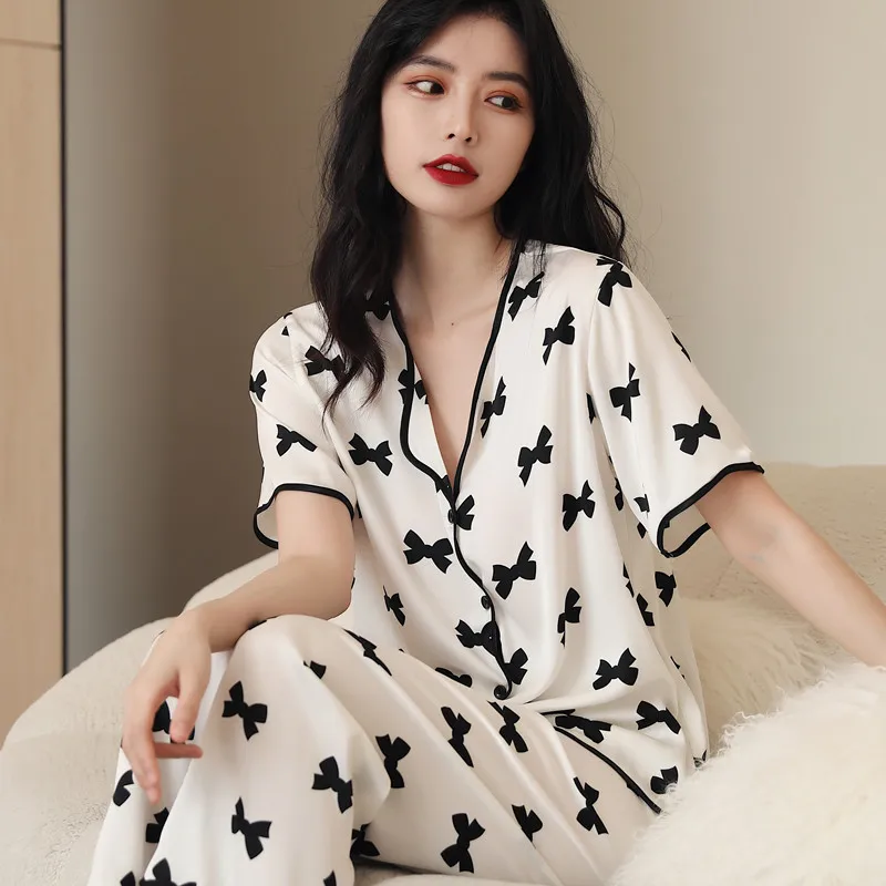 

Short Sleeve Pajamas With Trousers For Women Satin Nightwear Comfy Casual Home Clothes Print Lapel Sleepwear 2CPS Pj's Sets