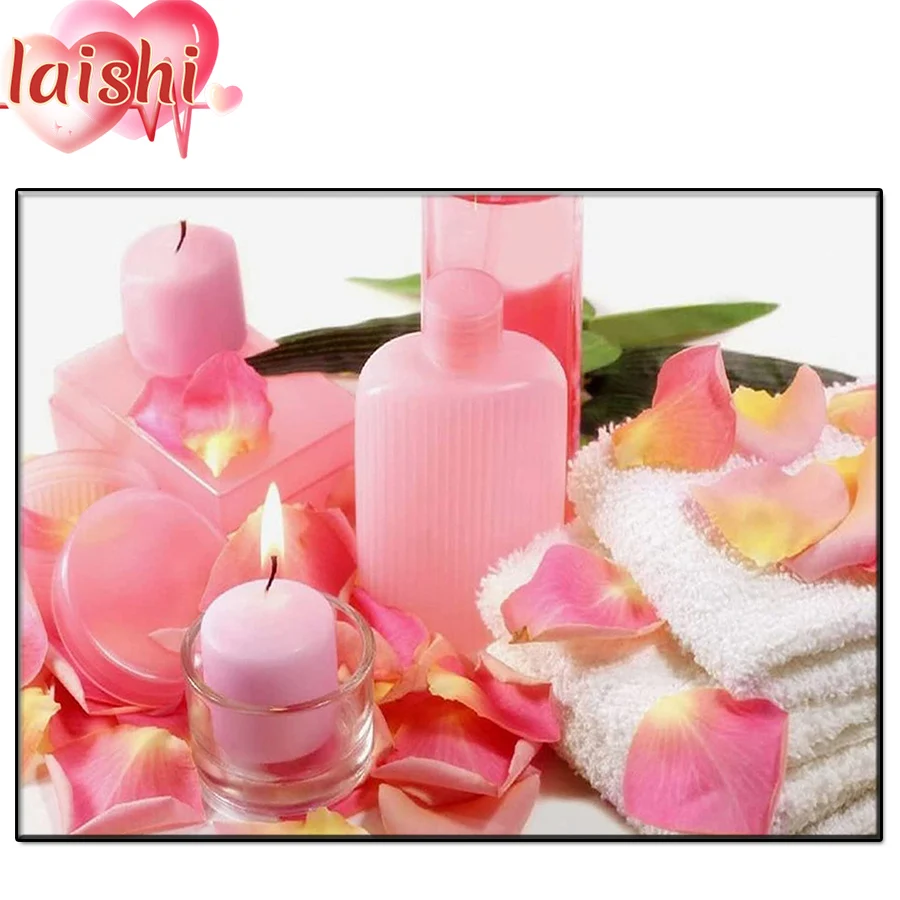 

Украшение для ванной комнаты, розовые свечи, лепестки, алмазная живопись, полная круглая мозаика, алмазная вышивка, домашний декор, рождеств...