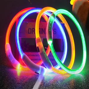 Собаки кошки USB Перезаряжаемый мигающий ночник светящийся ошейник Светодиодный светильник ошейник для собаки светящийся плюшевый флэш-ошейник для домашних животных без коробки PO047