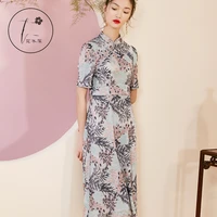 flower and wood deep chinese style cheongsam improved dress embroidered high waist silky skirt dress