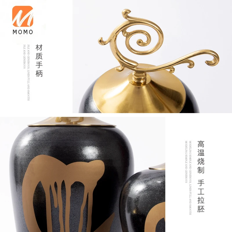 

[Clearance] New Chinese Black Gold Ceramic Storage Jar Model Room Soft Decoration Window Home Decorations and Accessories TZ
