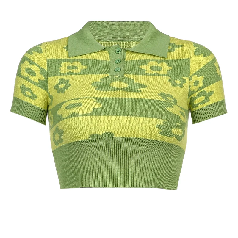 

Sexy Green Knit Crop Top Basic Short Sleeve Casual T Shirt Streetwear Women Prairie Chic Tops Y2k Tshirts 2021 New Women Summer