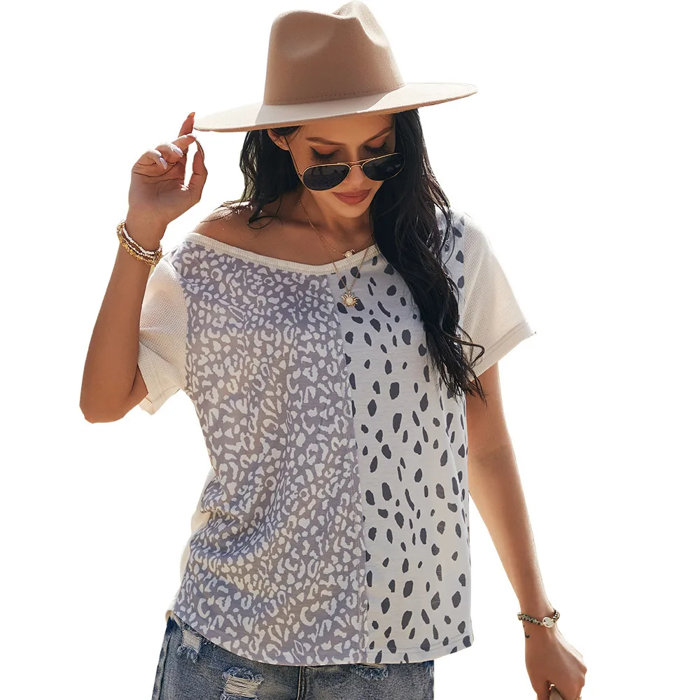 

Fashion Design o neck stitching top t-shirt summer short-sleeved casual T-shirt pastoral holiday style t-shirt for women tee