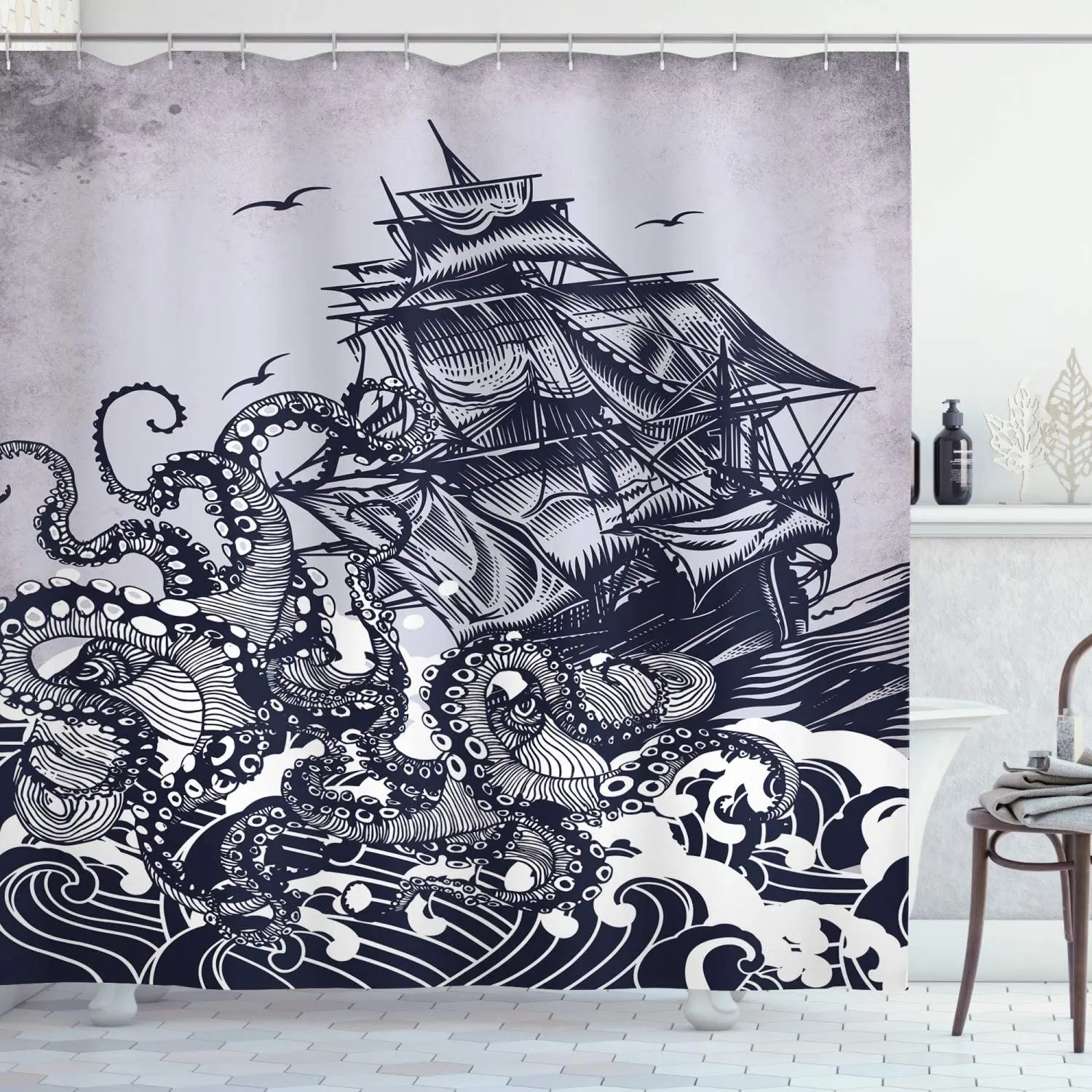 

Kraken Octopus Tentacles with Ship Sail Old Boat in Ocean Waves Bathroom Décor