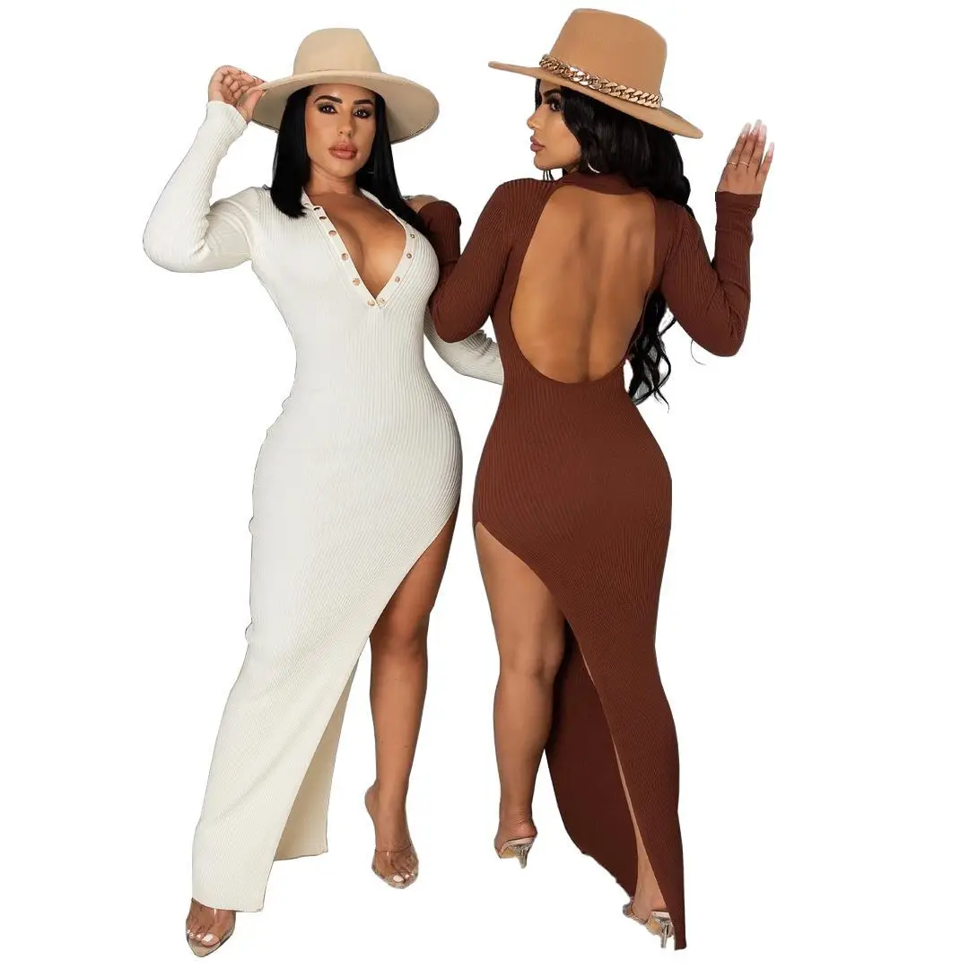 

Split Irregular Tight-fitting Dress Women 2021 Spring and Autumn Fashion Solid Color V-neck Sexy Long-sleeved Dress