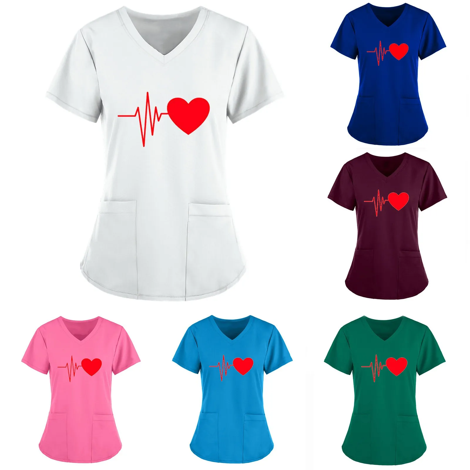 

Stethoscope Print Nurse Uniform Women Short Sleeve V-neck Tops 5xl Plus Size Carer Tunic Pocket Blouse Tops Uniforme Clinico A50