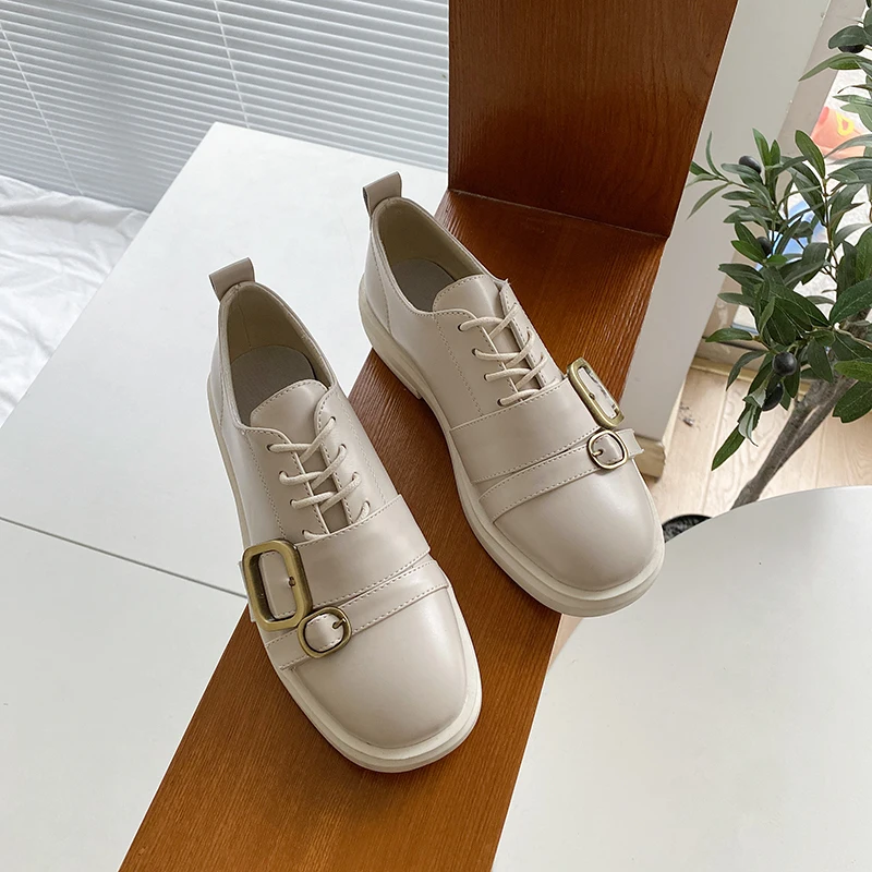 

Brown Vintage Leather Flats Women 2021 Spring Summer Soft Casual Black Beige Loafers Fashion Buckle Strap Platform Oxford Shoes