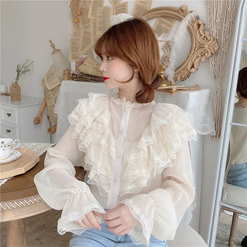 

Fashion Brand Loose Ruffles Chiffon Sweet Style Blouse Women's Clothing Autumn Flare Sleeve Shirts Korean Ladies Tops New