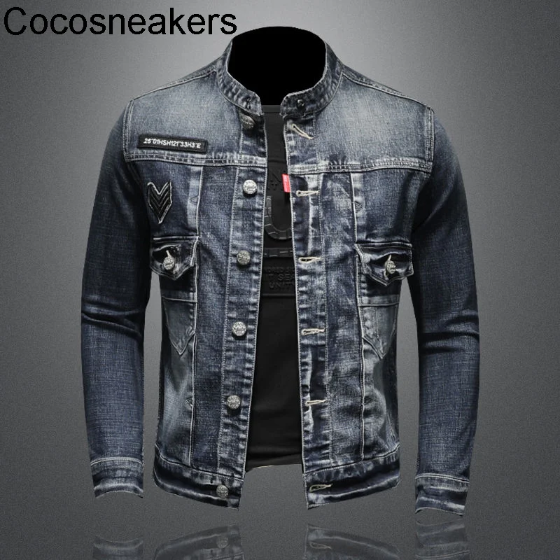 

Spring autumn stand collar badge denim coat available