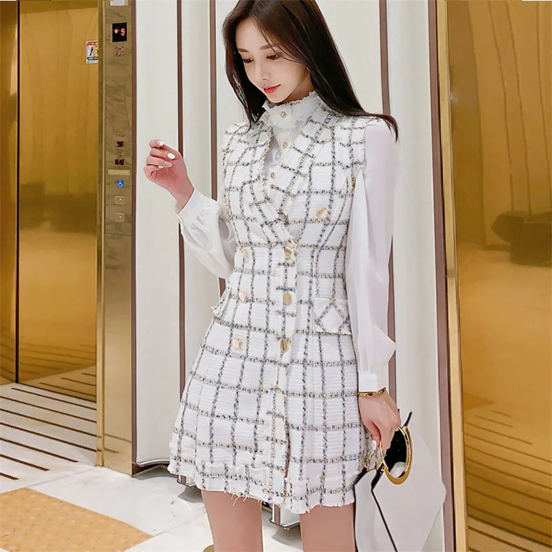 

Newest White Shirt Plaid Dress 2 Pieces Set Wome Tweed Dresses Double Breasted Mini Vestidos Bow Spring Autumn Korean Dress