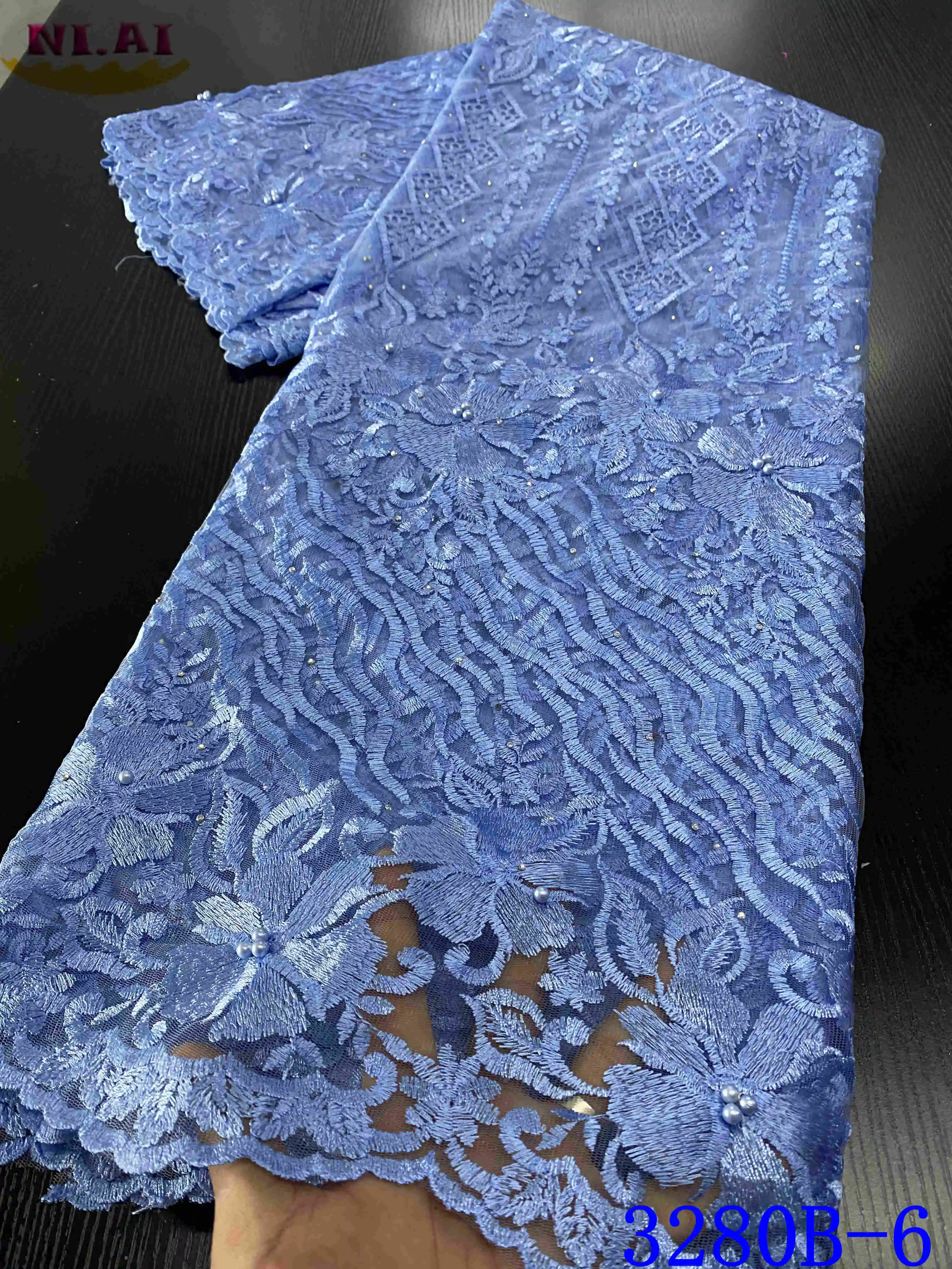 

NIAI Sky Blue Nigerian French Beaded Lace Fabrics 2020 High Quality Lace Bride African Lace Fabric For Wedding Dress XY3280B-6