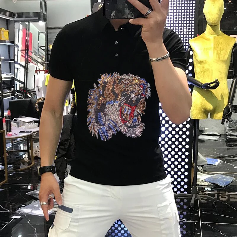 

Summer Harajuku Men's T-Shirt Black And White Hot Diamond Tiger Loose Sweatshirt Breathable Cotton Business Polo