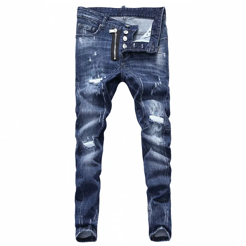 European Street Fashion Men Jeans Retro Dark Blue Slim Fit Ripped Jeans Men Spliced Designer Painted Hip Hop Denim Punk Pants
