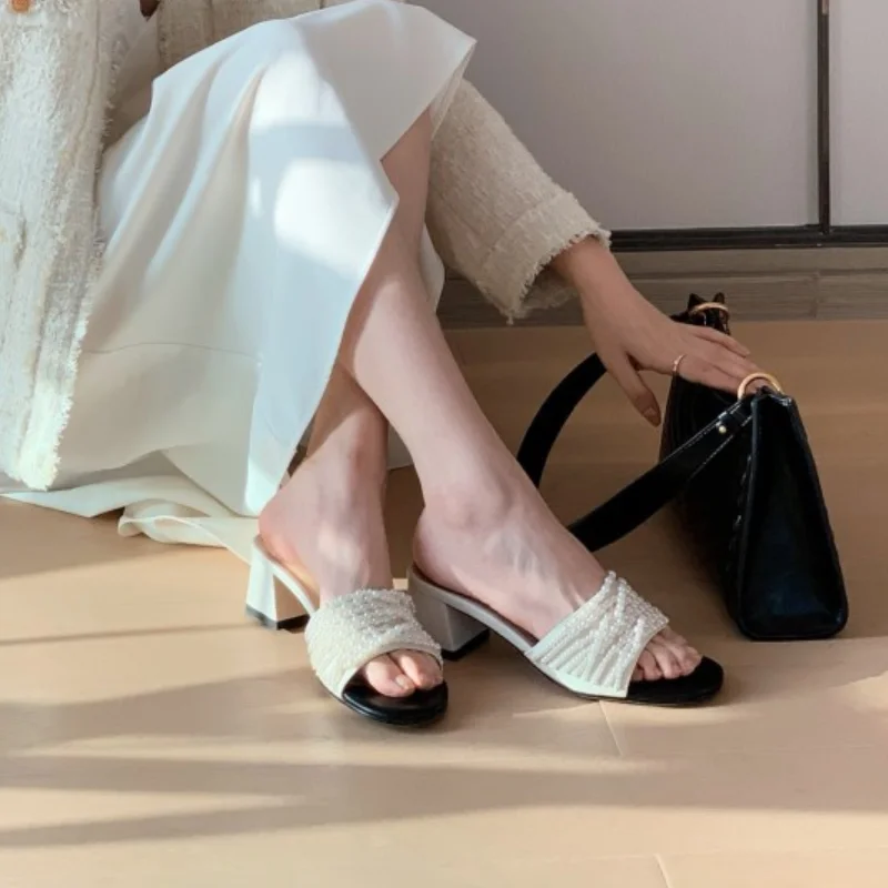 

RizaBina Genuine Leather Slippers For Home Women Shoes Square Heel Solid Color String Bead Sweet Summer Footwear Size 34-40