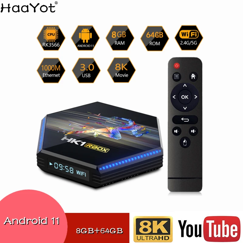 

Android 11 TV BOX HK1 RBOX R2 RK3566 DDR4 8GB RAM 64G ROM 5G Dual WIFI 1000M Lan Set Top Box USB3.0 HDR 4K Youtube Media Player