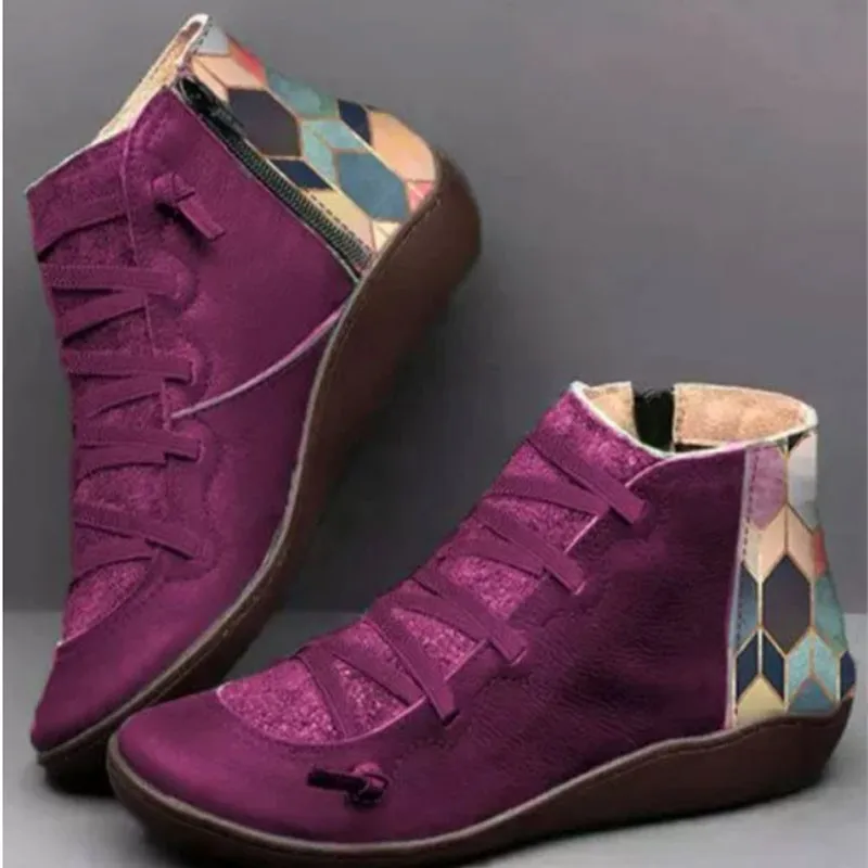 

2021New Women's Casual Flat Leather Retro Lace-up Boots Side Zipper Round Toe Shoe Leather Ankle Boots Zapatos Mujer Wram Botas